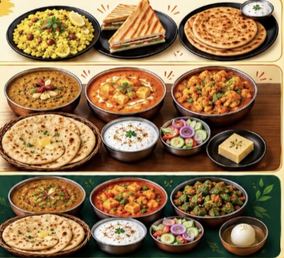 Royal vegetarian thali with paneer, dal, rice, rotis, raita and sweet